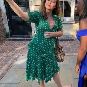 Kelly green & white polka dot wrap dress
